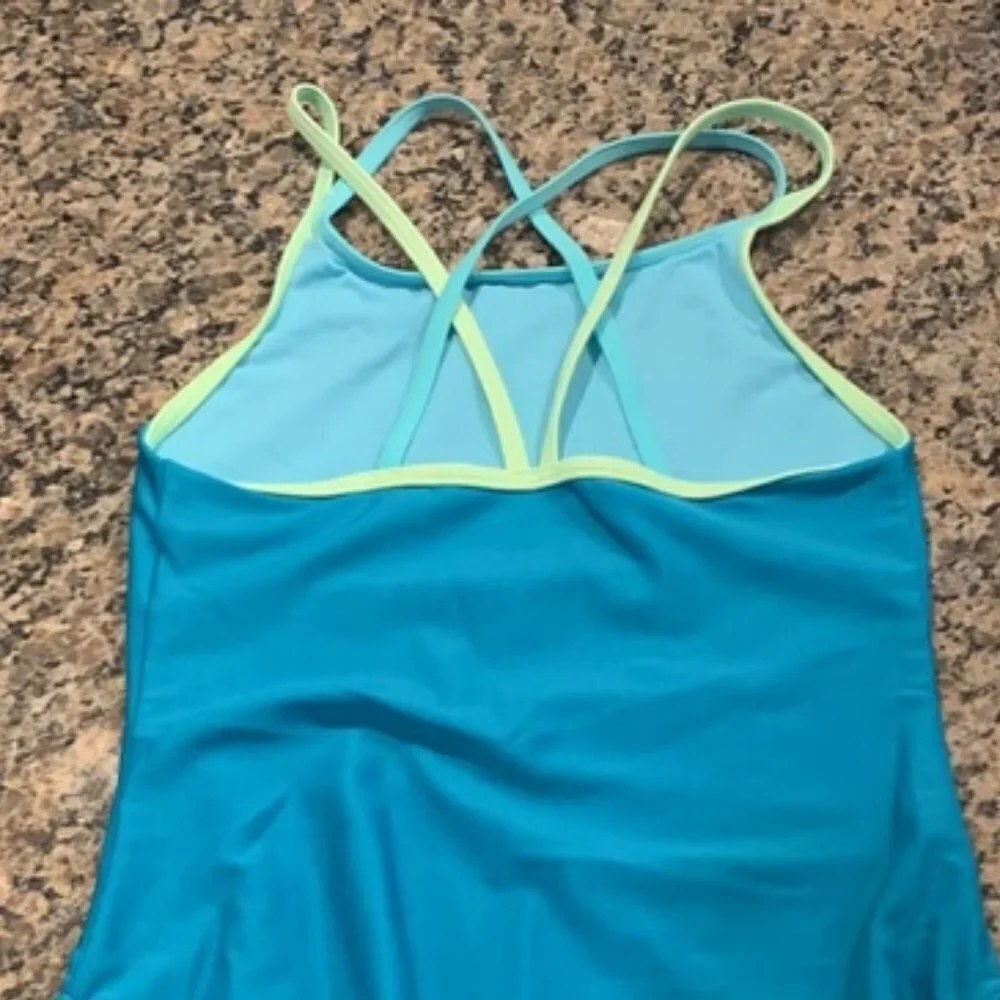 Girl's Speedo Criss Cross Swimsuit Teal Double Strap Size 12 EUC #7253